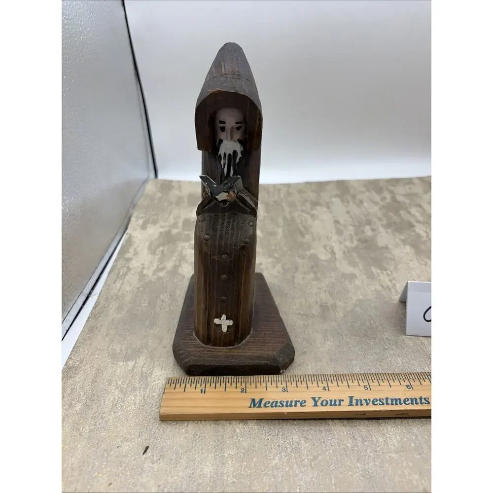 Vintage Hand Carved Wood Monk Friar Reading Book Figure Religious Folk Art 8”
